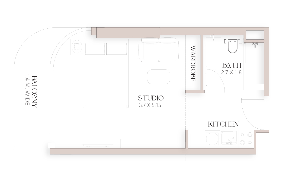 Luxor By Imtiaz A floor plan of a studio apartment featuring a balcony, kitchen, bath, wardrobe, and living area.